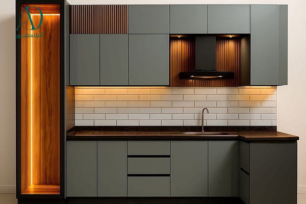 آشپزخانه مینیمال با کابینت فرامید سبز ماچا